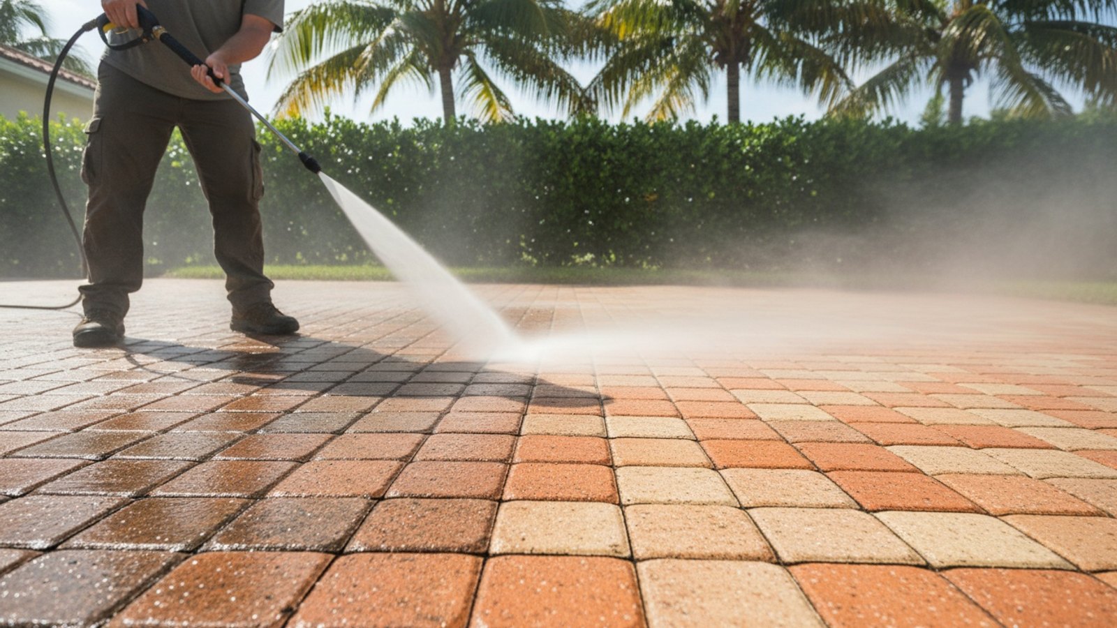 Pressure washing a paver driveway